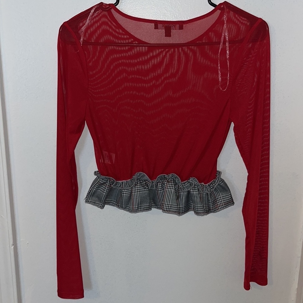 Sheer Crop Top with Plaid Ruffled Bottom - Picture 4 of 6